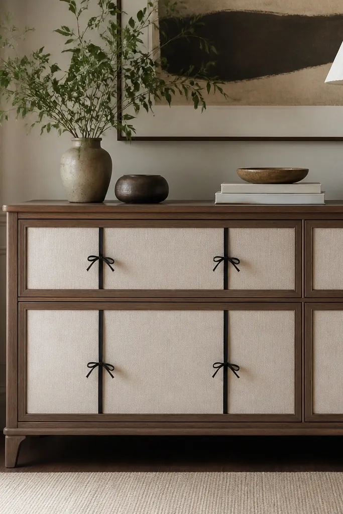 The drawer fronts have linen panels tied with thin black ribbon. Hardware is minimal or hidden, and the panels are neatly centered on each drawer.