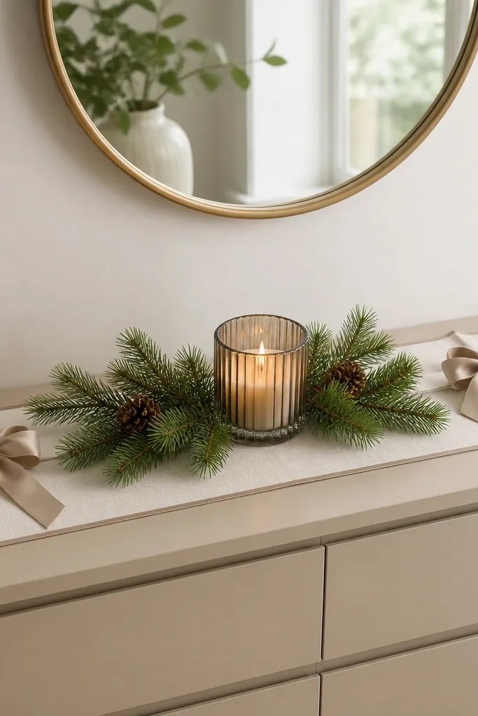 A Malm dresser top has a thin ribbon border around a cream runner. Two matching bows sit at the left and right corners with pine and a candle in the middle.