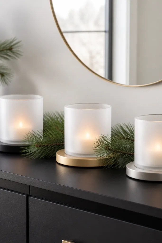 On a Malm dresser top, three frosted glass jars hold candles. Under each jar is a painted wood coaster matching the hardware color. Green pine sprigs fill the gaps.
