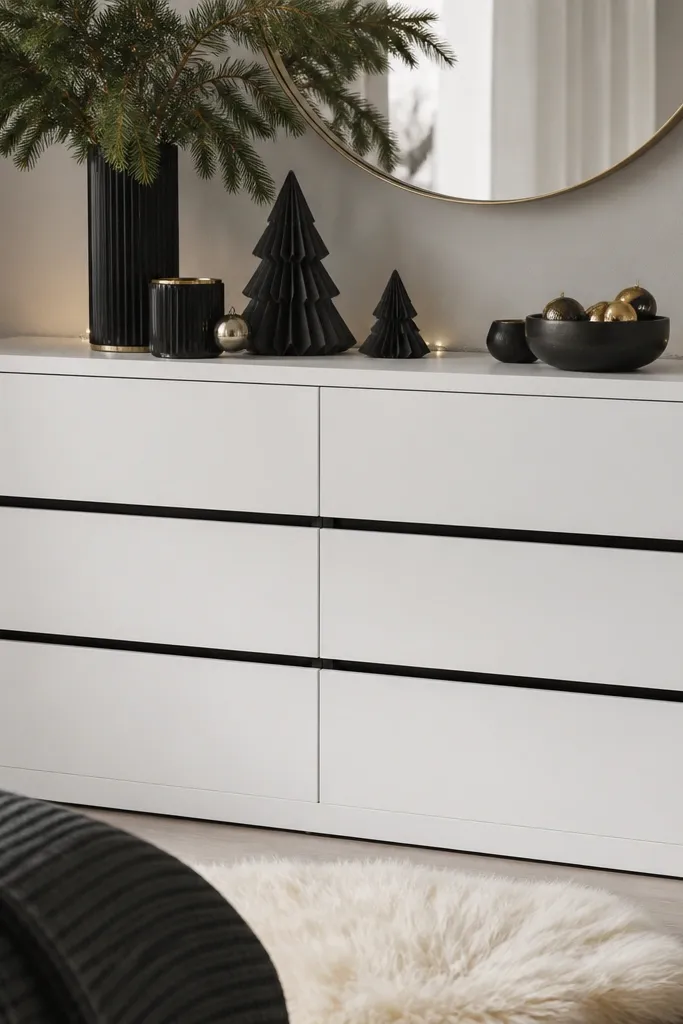 A Malm dresser is matte white with a thin black trim line running horizontally around the drawer fronts. Black and gold holiday decor sits on top.