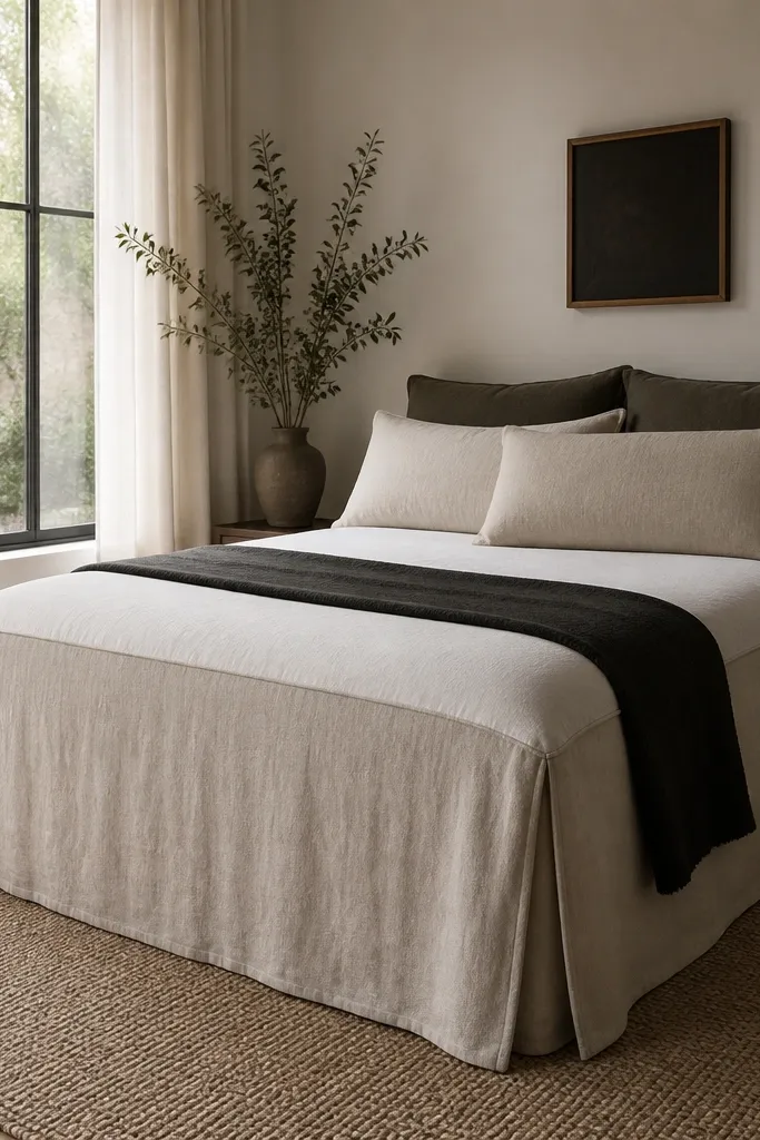 Linen panels drape along the sides of a Malm bed, hanging straight with soft folds. The panels are secured with hidden snaps and create a tailored frame around the bed.