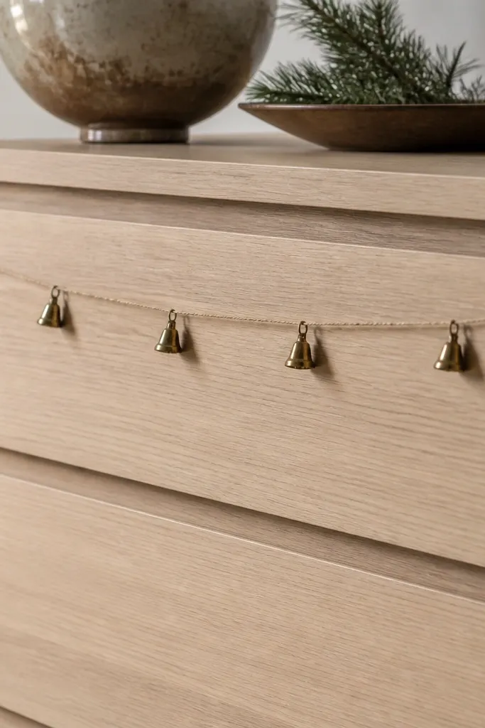 Tiny bells hang from twine that wraps lightly around the drawer pull area of a Malm dresser. The twine is sparse and the bells are evenly spaced.