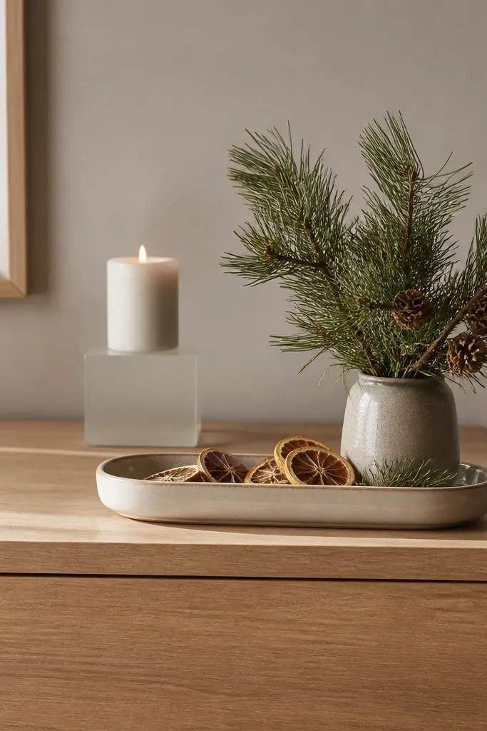 On a Malm dresser top, a ceramic tray holds dried orange slices and a small pine arrangement. A single candle sits behind the tray on a frosted glass block.