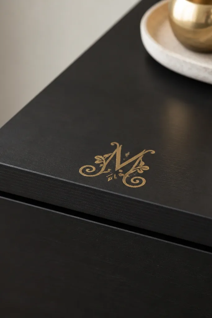 A close-up of a Malm dresser top edge with a small matte gold monogram stencil. The paint line is thin and clean, with a subtle metallic sheen.