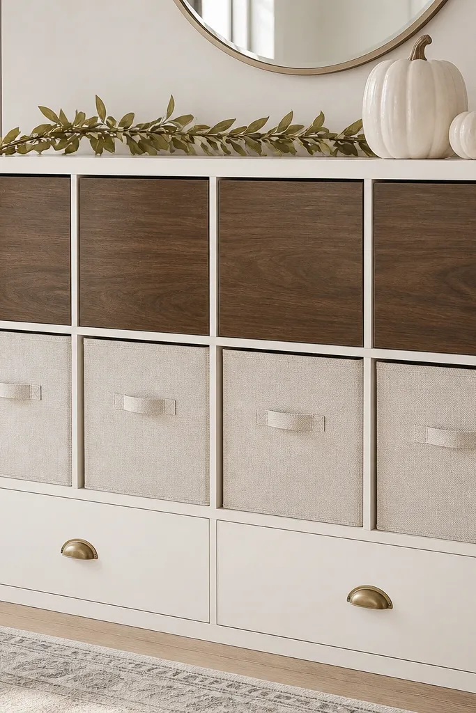 A KALLAX unit painted warm white with four square bays showing walnut-look peel-and-stick veneer panels. The rest of the bays have linen baskets in oatmeal. Brass cup pulls sit on two drawers below, and the top has a short garland and two ceramic pumpkins.