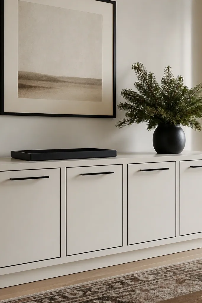 A BESTÅ console painted matte off-white. The door fronts have a two-tone treatment: off-white panels with a thin black painted border. Black metal bar pulls run horizontally, and the top holds a black tray and a small evergreen arrangement.