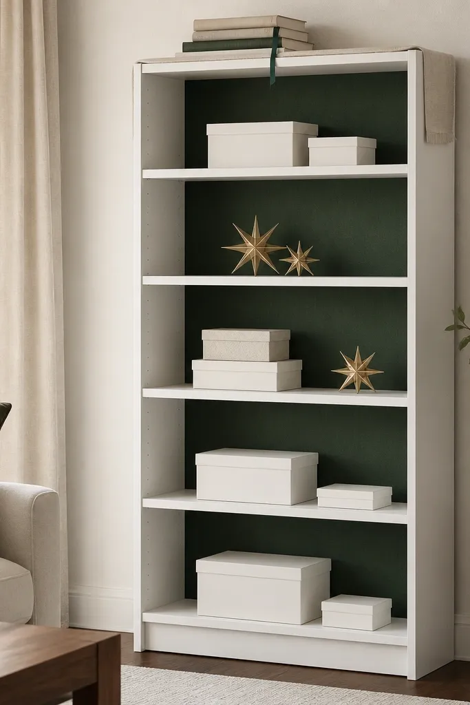 A BILLY bookcase with the back panel replaced by deep forest green fabric stretched taut. Inside shelves hold small white boxes and a few gold star ornaments. The top has a narrow runner and a stack of books with a ribbon bookmark.