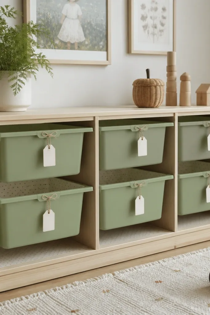 A TROFAST unit where the front bin faces are painted a muted sage green. The inside is lined with removable shelf paper in subtle cream and tiny gold dots. The bins are labeled with small white tags tied with twine.