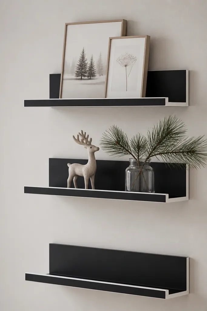 Three LACK shelves mounted in a vertical stack on a light wall. The shelves are painted matte black with white trim around the edges. Small framed prints sit on the top shelf, and the middle shelf holds a reindeer figurine and pine branches in a glass jar.