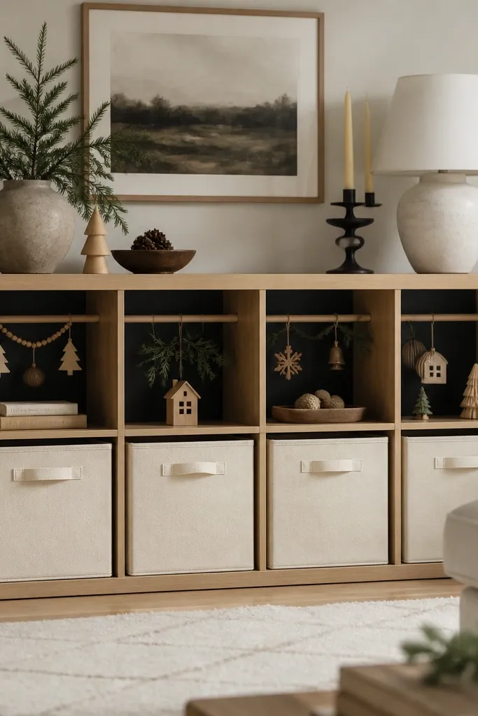 A half-height KALLAX setup with the back behind the open bays painted deep charcoal. A small peg rail runs across the inside back with hooks holding miniature garlands and ornaments. The sides are in light oak tone with baskets in cream fabric.