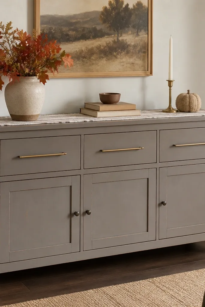 A HEMNES-style sideboard repainted warm gray with lightly distressed edges. New long brass pulls run horizontally across drawers. The top has a striped runner and a fall arrangement in a ceramic vase.