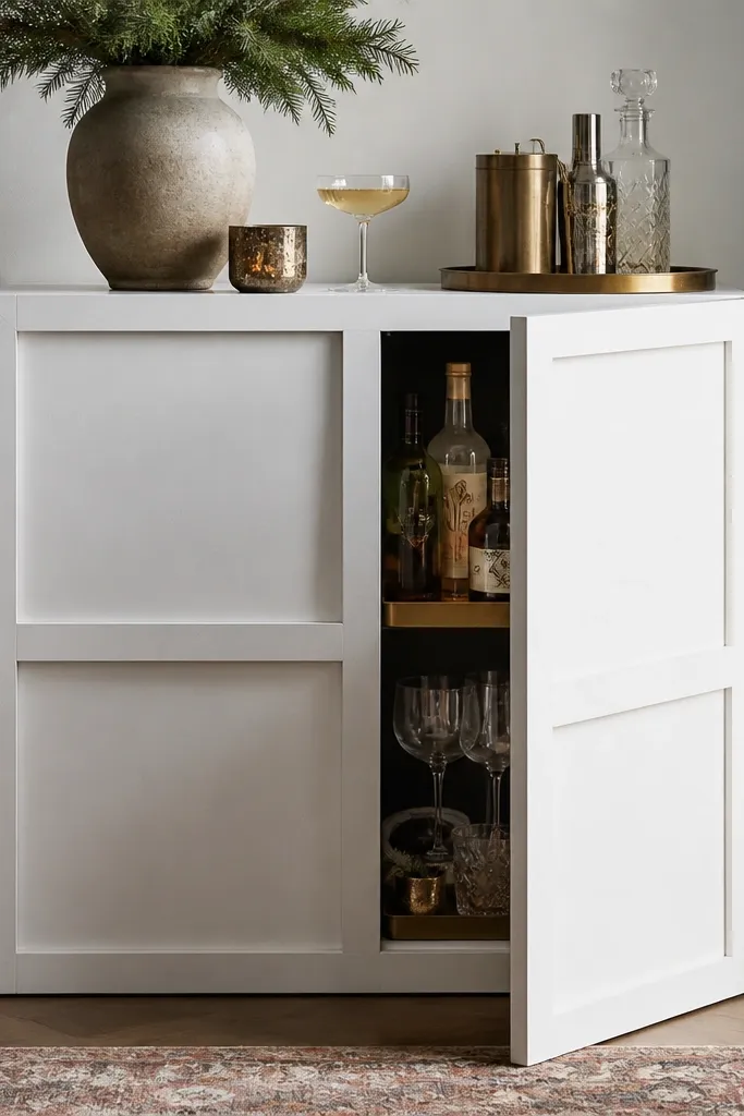 A small cabinet face built from IKEA frame pieces that look like inset panels. Four RIBBA-style frames create a grid on the front. The cabinet is painted matte white, and the inside holds a holiday bar cart setup with bottles and glasses.