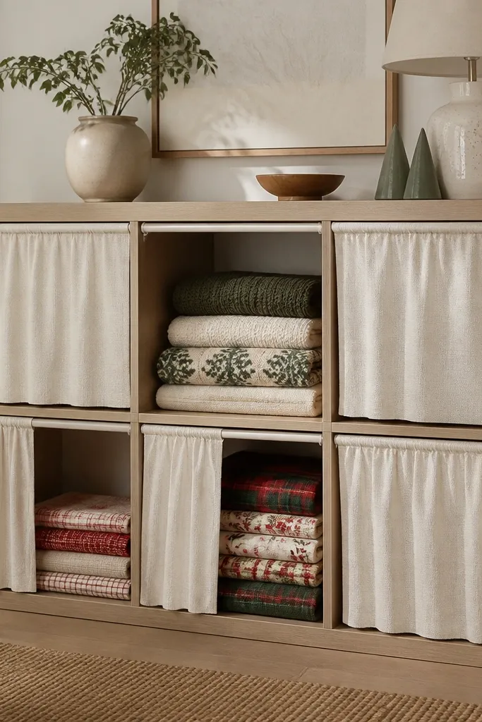 A KALLAX unit where the open bays have fabric curtains sliding on a small track. The fabric is cream with a subtle woven texture. Inside are neatly stacked folded blankets and holiday table linens.