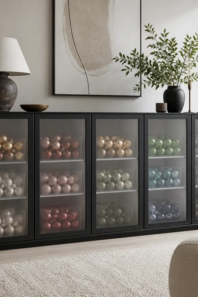 A BESTÅ unit with doors made to look like glass-front cabinets using clear frosted film. The frames are painted black. Inside shelves show holiday ornaments arranged by color in clear boxes.