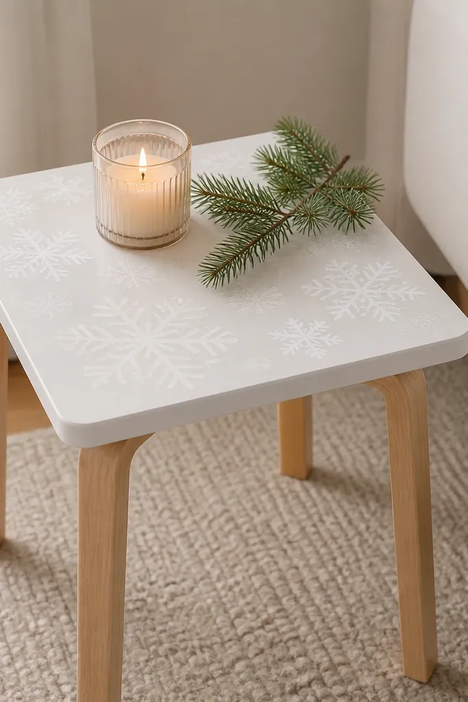 A small IKEA side table repainted white. The top has a stencil snowflake pattern using two white shades - one bright, one slightly warmer. The legs stay the original light wood tone, and the table holds a candle jar and a pine sprig.