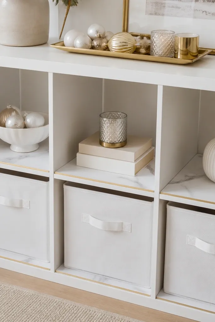 A KALLAX unit with shelf liners made from marble-look contact paper (white with gray veining). Each shelf has a thin gold tape border along the front edge. The bins are mostly white, and the top has a gold tray with ornaments.