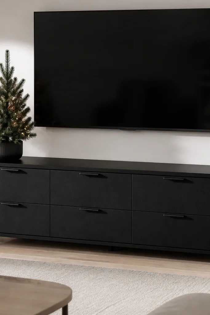 An IKEA TV bench where drawer fronts are covered in black faux leather wrap. The seams look straight, and the hardware is matte black. The top is styled with a small Christmas tree and a cable organizer hidden underneath.