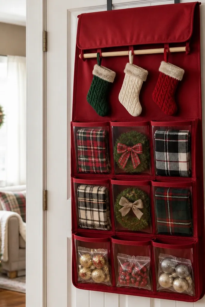 A hanging organizer mounted over a door. The pockets hold folded plaid scarves, small wreath ties, and ornament bags. The organizer is covered with a removable fabric cover in deep red, and the top has a small wooden dowel for hanging mini stockings.