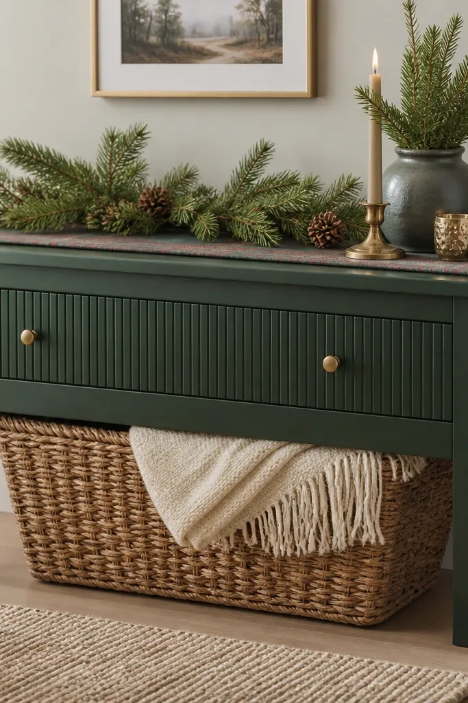 A small IKEA bench painted evergreen green. The front has a ribbed panel texture created from thin slats or a ribbed board insert. Brass knob pulls sit centered on the drawer. A garland and a plaid runner sit on the top.