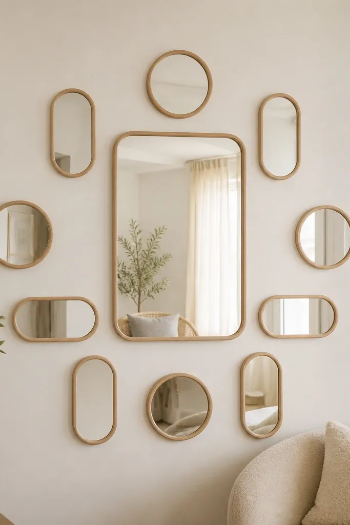 A wall arrangement with one larger rectangular mirror centered, surrounded by smaller IKEA mirrors in a starburst pattern. Frames are light birch wood tones, with consistent spacing and a soft off-white background wall.
