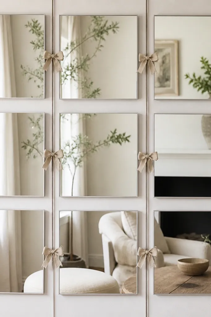 A grid of identical IKEA mirrors with slim frames. Between some mirrors, there are small linen bows tied to thin twine, creating a soft, cottage feel against a light wall.