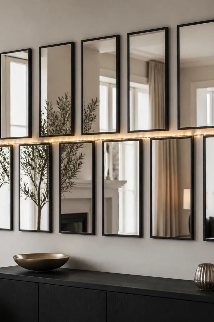 A mirror wall made of slim black framed mirrors arranged in two staggered rows. A thin warm gold garland line runs horizontally behind or between mirrors, catching light.