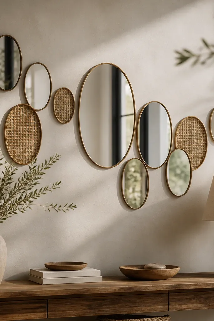 Oval mirrors in repeating sizes form a loop-like pattern around the wall. Behind some mirrors, woven rattan pieces are visible, adding texture and warmth.