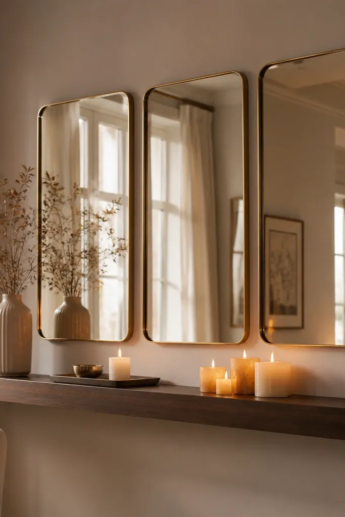 A row of mirrors mounted above a narrow floating shelf. The shelf holds candles, a small tray, and a vase, with the mirrors reflecting the warm light.