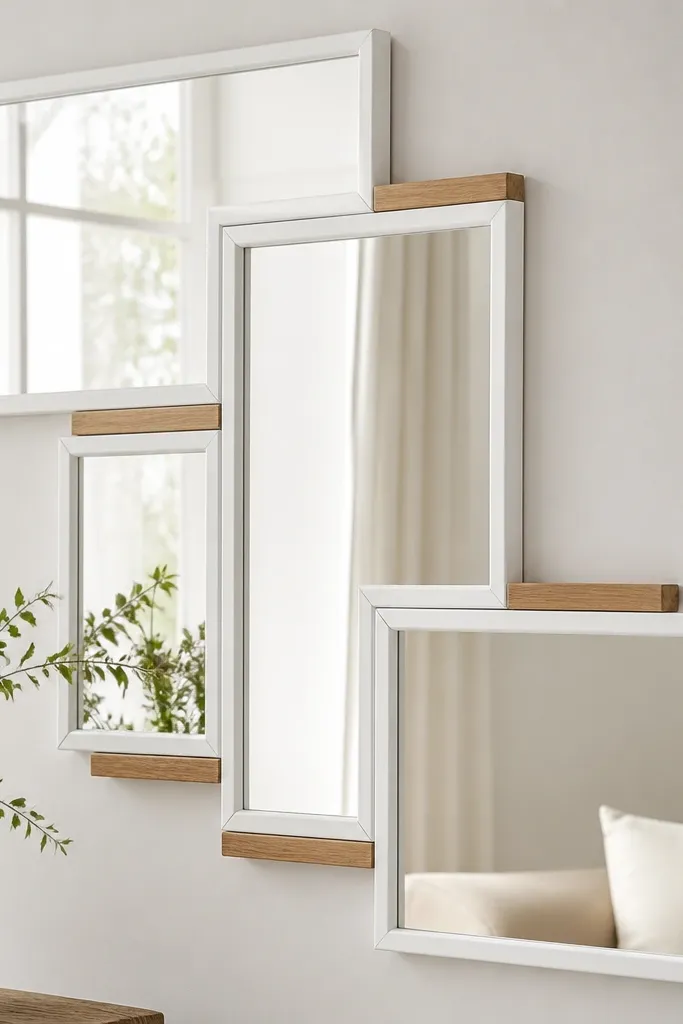 White framed mirrors arranged in a staggered pattern. Natural wood picture ledges or small wood blocks appear between mirror sections.