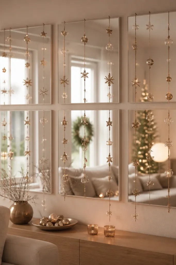 A mirror wall with multiple IKEA mirrors. Between mirrors hang thin strands with small ornaments, evenly spaced and removable, with a warm, holiday glow.