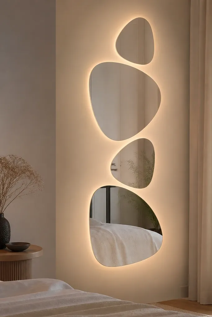 Mirrors mounted in a vertical cluster. A faint warm LED glow creates a halo effect around the mirror edges and fills the wall space between them.