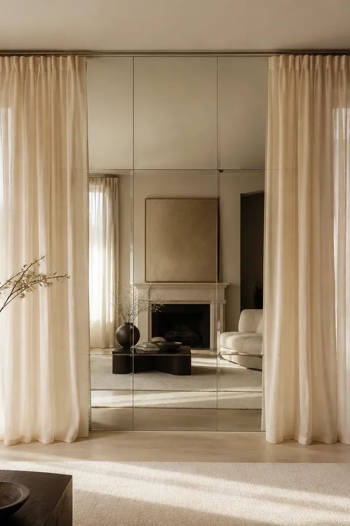A mirror wall where tall sheer curtains hang on both sides of a central mirror arrangement, creating a soft frame around the mirrors.