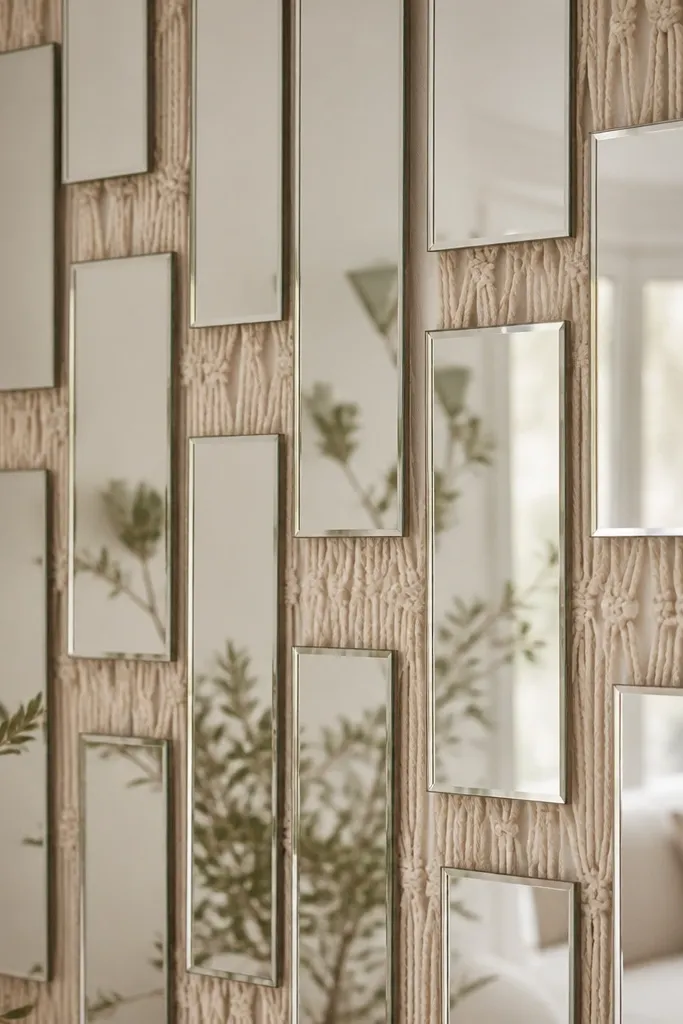 Rectangular mirrors arranged in staggered columns. Behind the mirrors is a light macrame net that shows through the gaps, adding texture and softness.