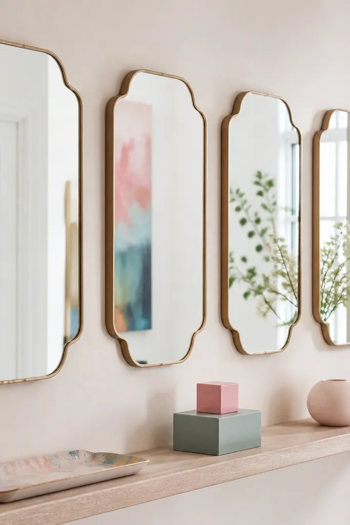 A series of mirrors above a narrow shelf. Small pastel decor blocks and a painted tray create color accents that reflect in the mirrors.