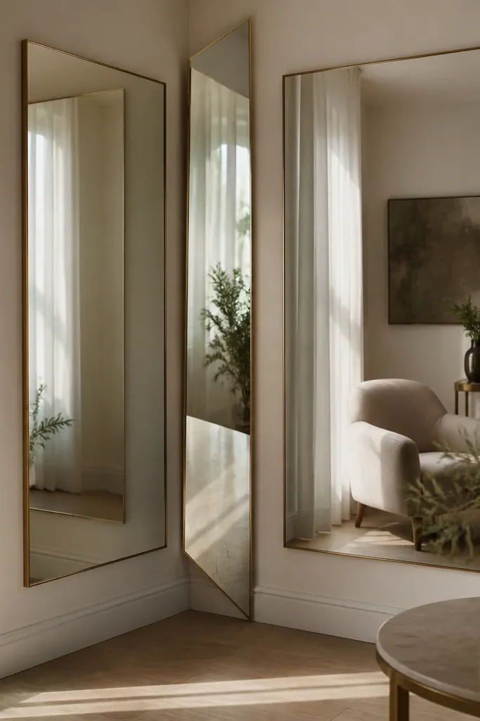Mirrors mounted on two adjacent walls in a corner, with one extra mirror panel placed at a 45-degree angle to catch light.