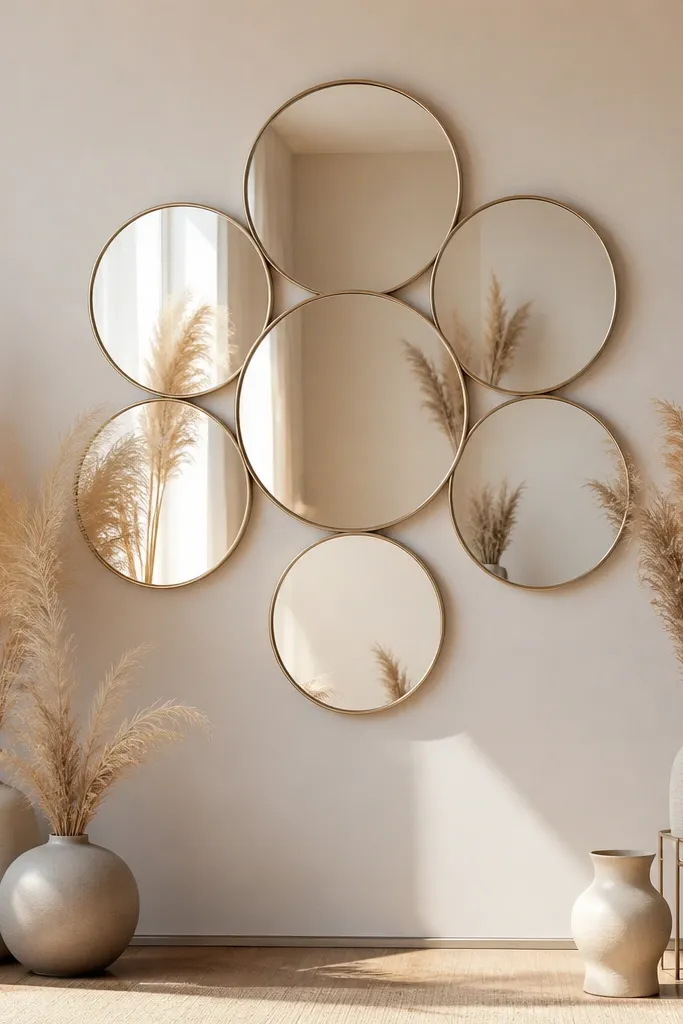 A cluster of round IKEA mirrors arranged like a flower. At the bottom and sides, dried pampas grass is tucked into simple vases and stands.