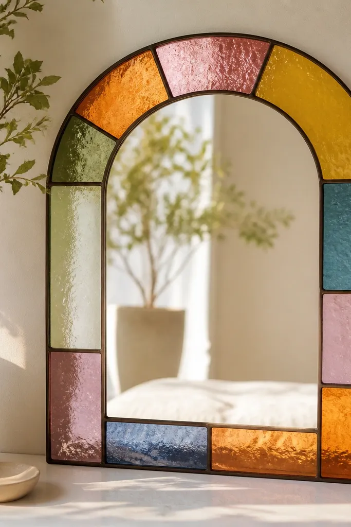 Mirrors framed with colored cellophane or translucent film panels behind the frames, creating a faux stained glass effect around the mirror edges.