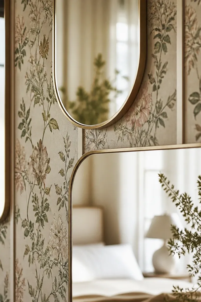 Mirrors mounted over sections of patterned wallpaper strips. The wallpaper peeks through between frames, creating a dreamy layered look.