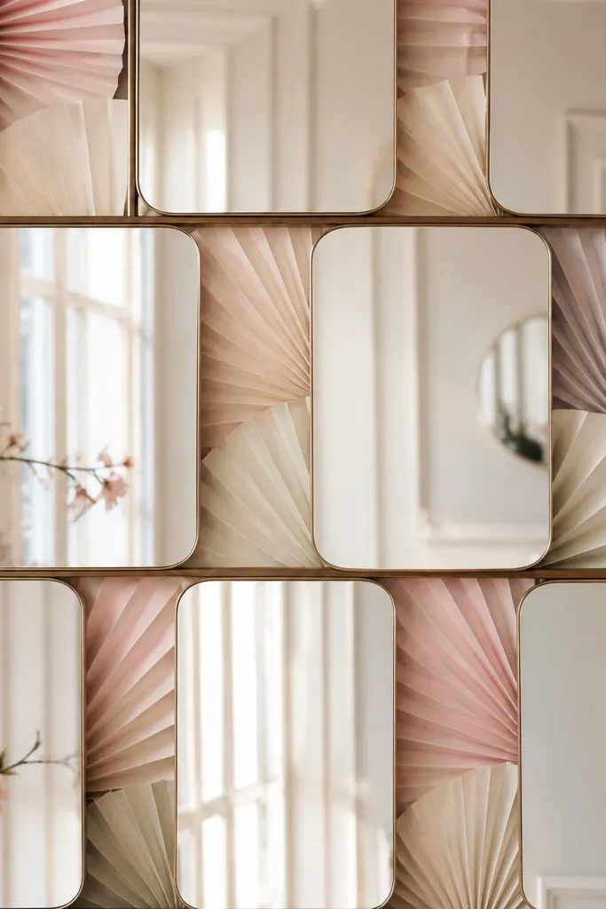 Mirrors mounted in a grid with pastel paper fan panels tucked behind the wall between mirrors. The fans add gentle texture and light reflection.