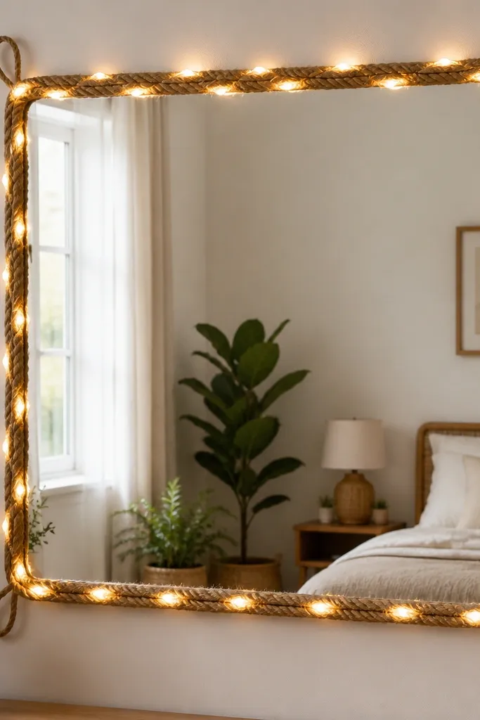 A rectangular mirror wall bordered by a rope twine outline. Warm white string lights run along the rope border, and small twine loops hang from the corners.
