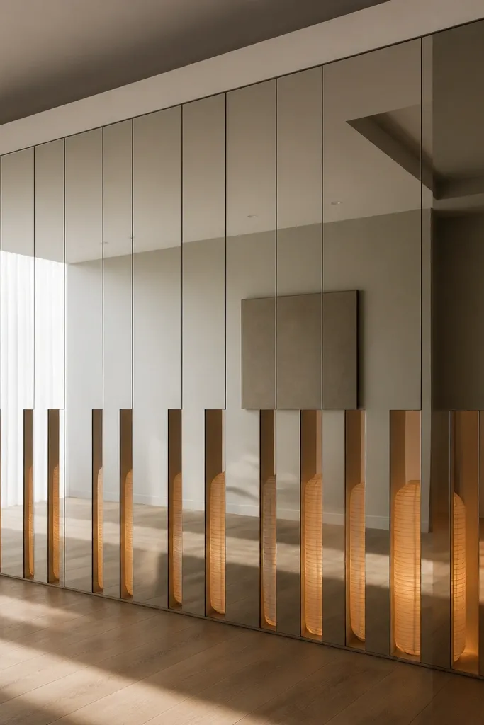 A mirror wall where the lower half shows vertical paper lantern shapes behind the mirror gaps. The top half stays clean and reflective.