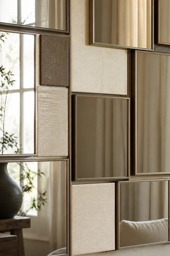Mirrors mounted in a pattern with fabric swatches behind the frames. The fabric peeks through between mirrors, showing textured linen and cotton in neutral tones.