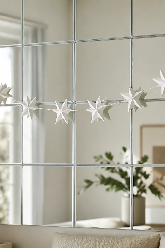 A mirror wall with a garland of white paper stars hanging in a gentle arc across the mirror gaps. The mirrors reflect the stars softly.