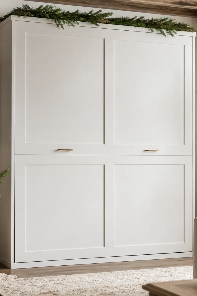 A closed IKEA-style wall bed front with a white shaker-style panel overlay, a thin green garland strip along the top edge, and two small pull handles. The bed is fully upright; the wall bed face looks like a cabinet with holiday styling rather than a bed unit.