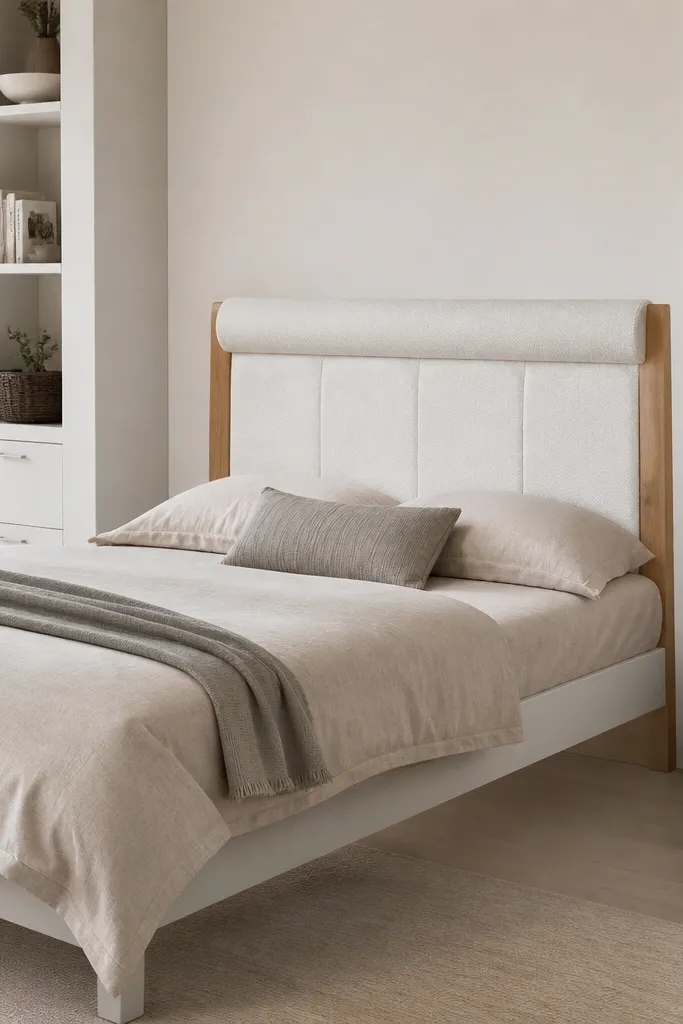 A folded-down bed shows a headboard that is half warm oak trim and half light linen fabric. There's a rounded linen roll at the top, and the fabric has visible stitching lines. The rest of the bed frame stays white and minimal.