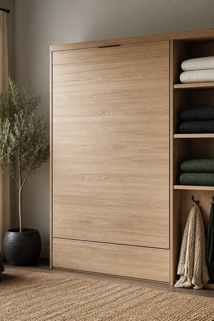The bed is closed and the face has two open shelf sections with neatly stacked folded blankets. The shelves are light wood and the blankets are in white, charcoal, and deep green. Small hooks hold a knit throw and a scarf.