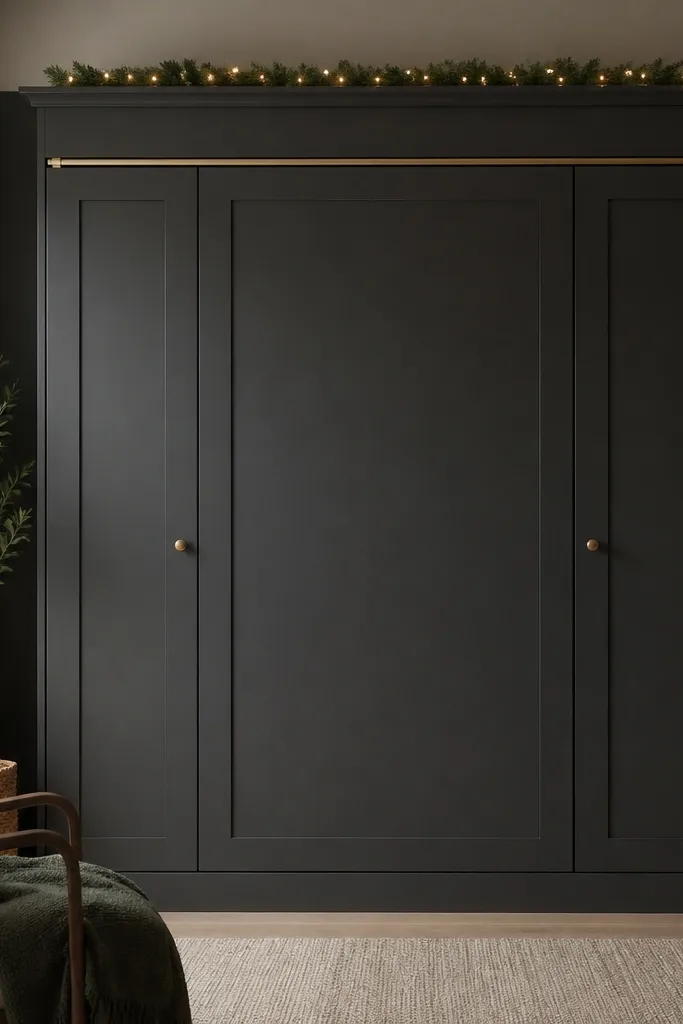 A closed wall bed front painted matte charcoal with brass knobs and a thin brass picture rail line across the top. The garland is subtle - just a small greenery line with warm white lights.