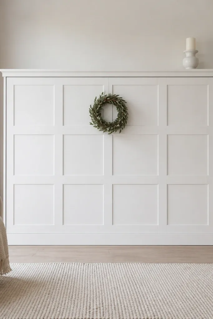 The closed bed face is white with raised square panel texture. The top edge has simple molding. The decor is minimal - a small wreath centered and a single white ceramic candle holder.