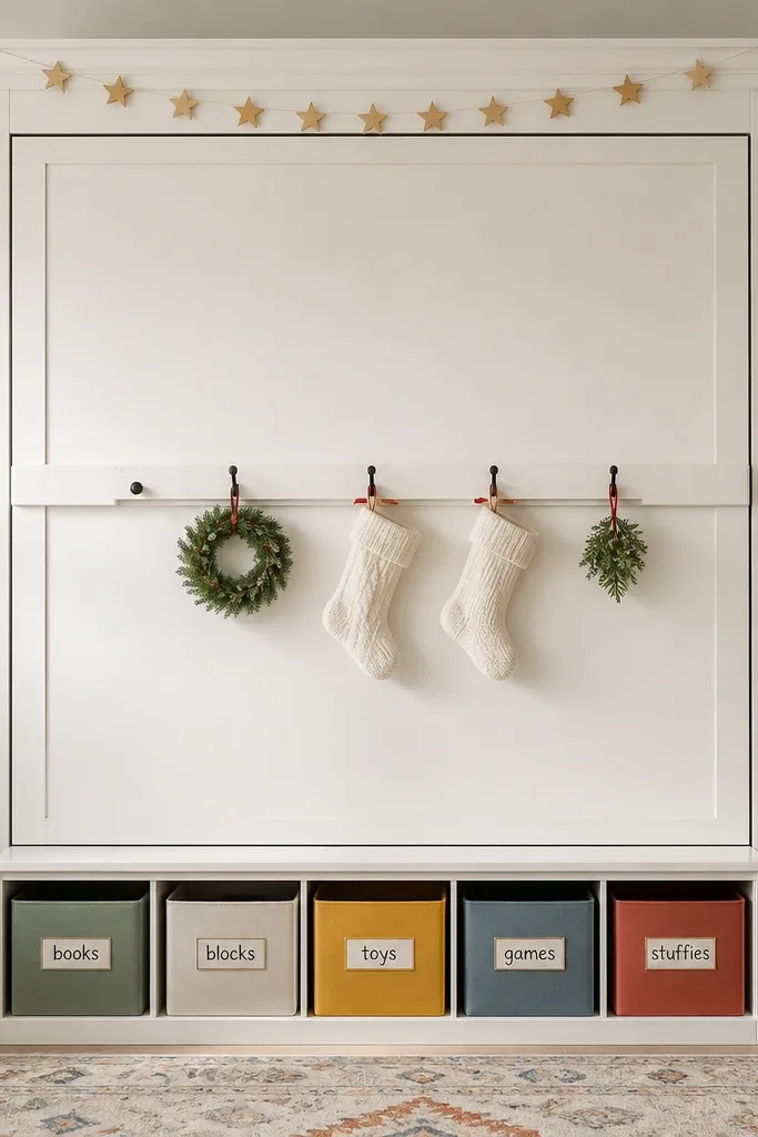 A closed wall bed front with colorful bins on the lower shelf, and a small holiday-themed rail above. The bed face is white, and the bins are labeled with neat tape. A small star garland sits on the top trim.