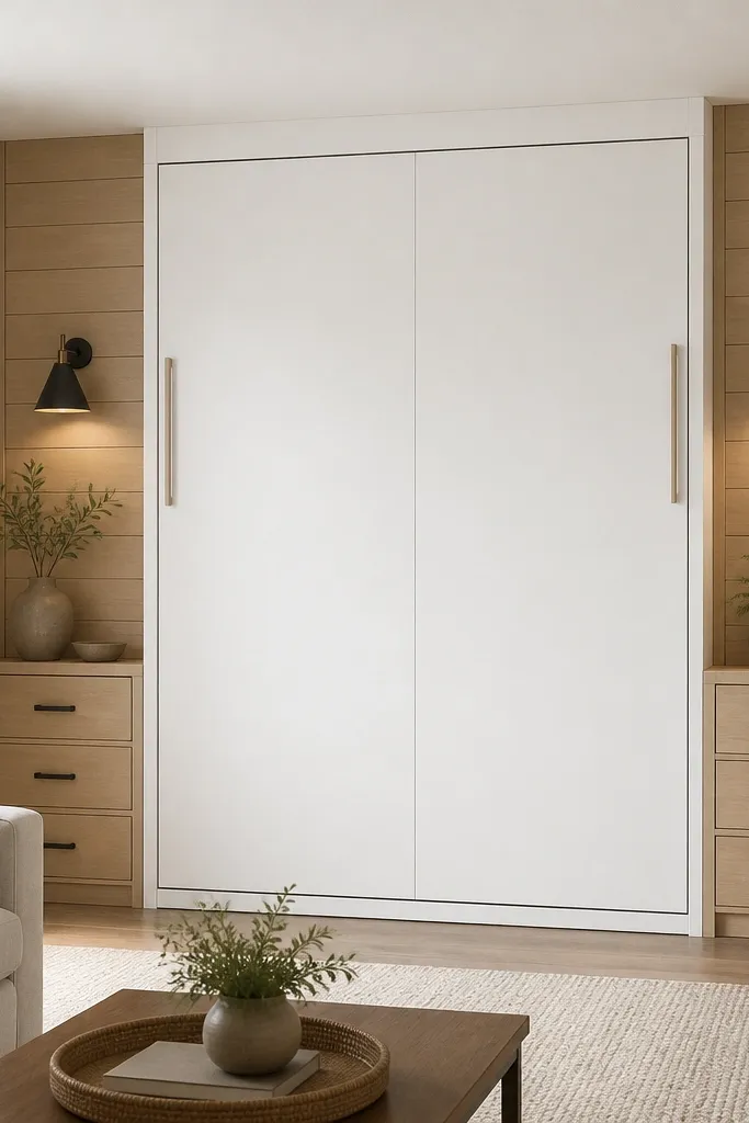 A wall bed installation with shiplap-style side panels in light natural wood. The closed bed face remains white. The side panels frame the unit and make it look like built-in cabinetry.